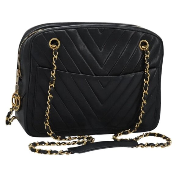 CHANEL Chain V Stitch Shoulder Bag Lamb Skin Black Gold - Picture 1 of 16